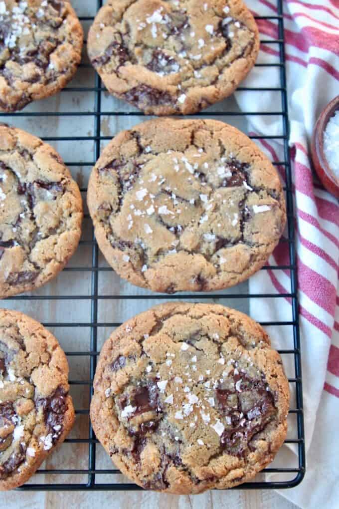 overhead image of chocolate chunk cookies on wire rack